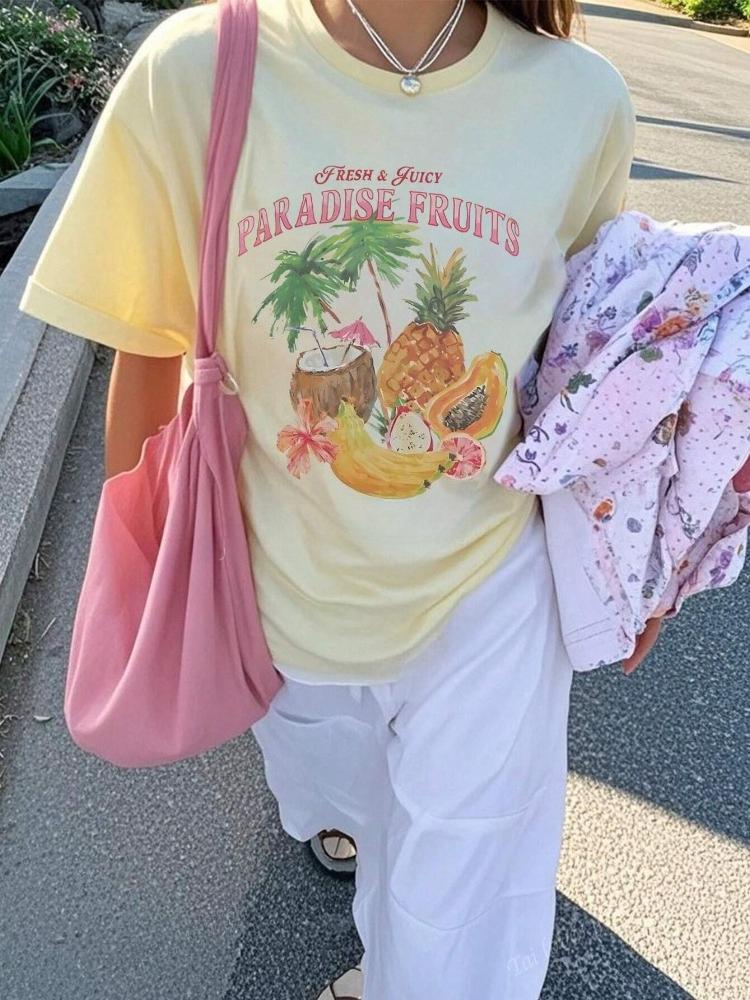 Minimalist Tropical Fruit Graphic Tees Aesthetic Short Sleeve T Shirt Retro Cotton Tshirts For Unisex Cute Cotton Female Tops