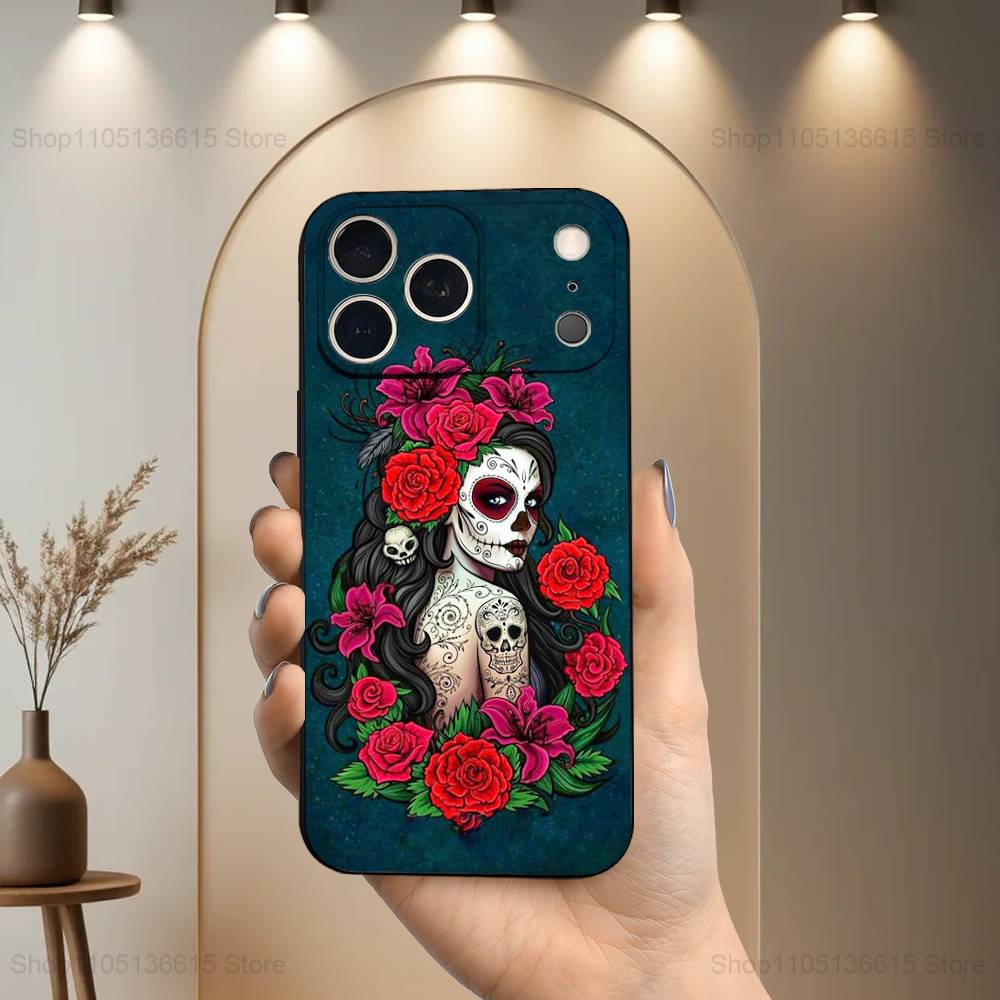 Catrina Skull Girl Mexican Case For iPhone 12,14,15,16,17,13,11,X,Mini,Plus,Pro Max,8,7,XR,SE,XS,Soft Silicone Black