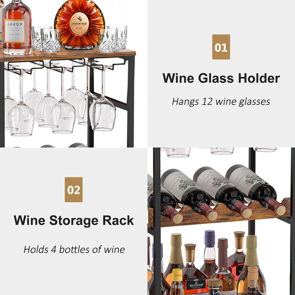 US Wine Rack Freestanding Floor Wine Bar Cabinet 3-Tier Floor Liquor Bar Cabinet With Fences & Glass Holder For Home Kitchen Bar