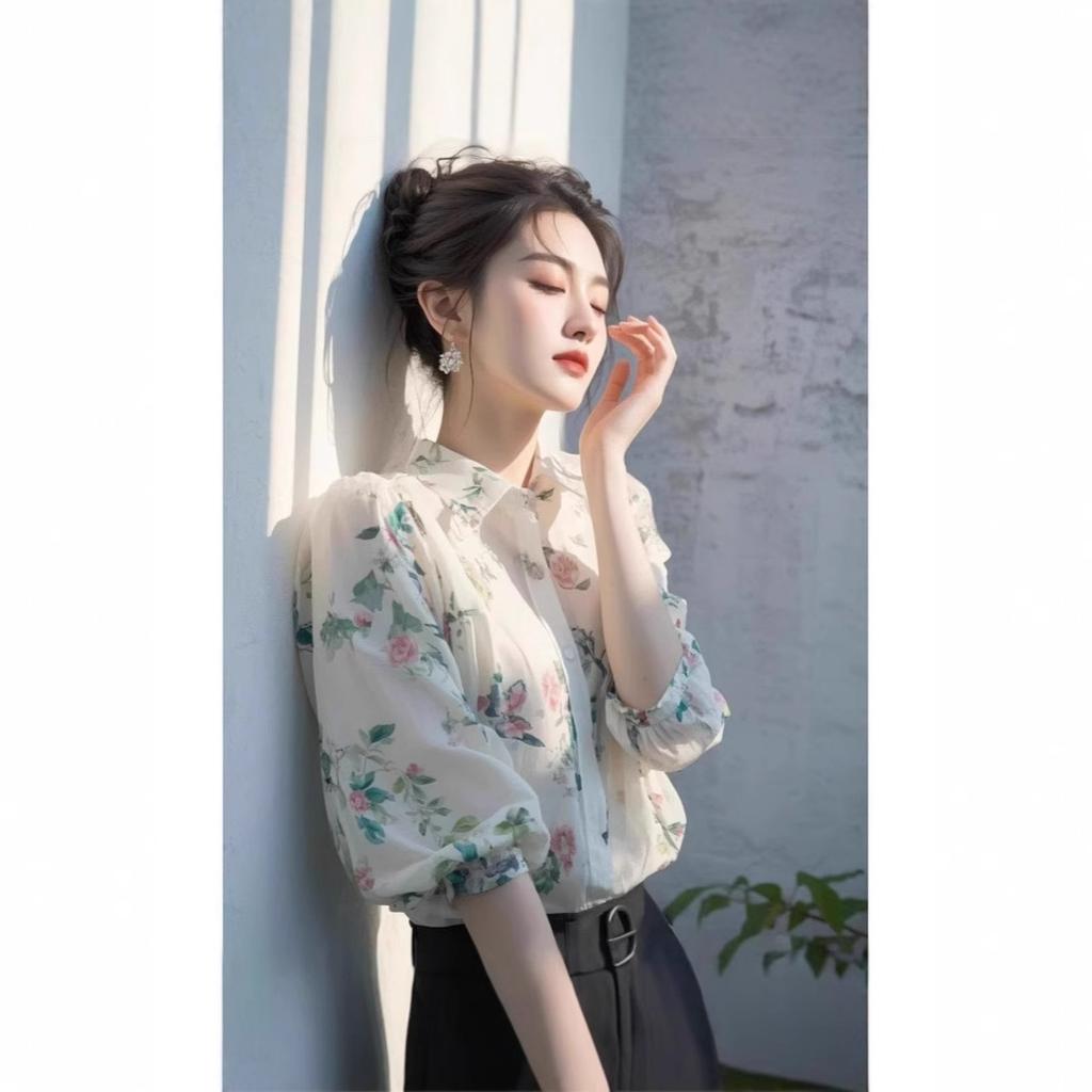 Summer Women's Floral Chiffon Shirt Unique and Beautiful Small Shirt French Style