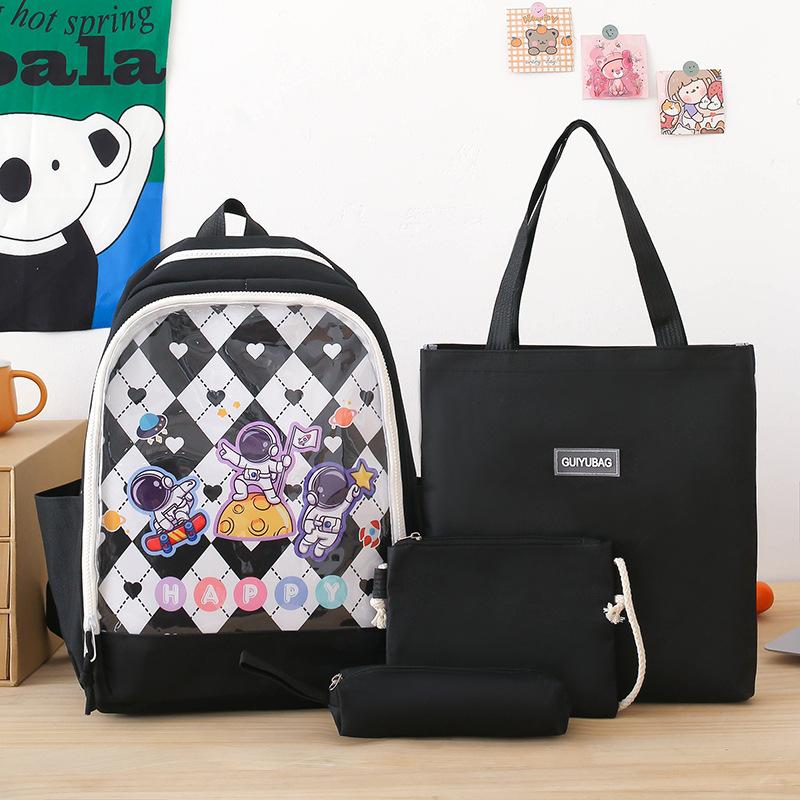 

Fashion and fashion canvas four-piece casual bag lightweight primary and secondary school schoolbag trendy backpack чорний
