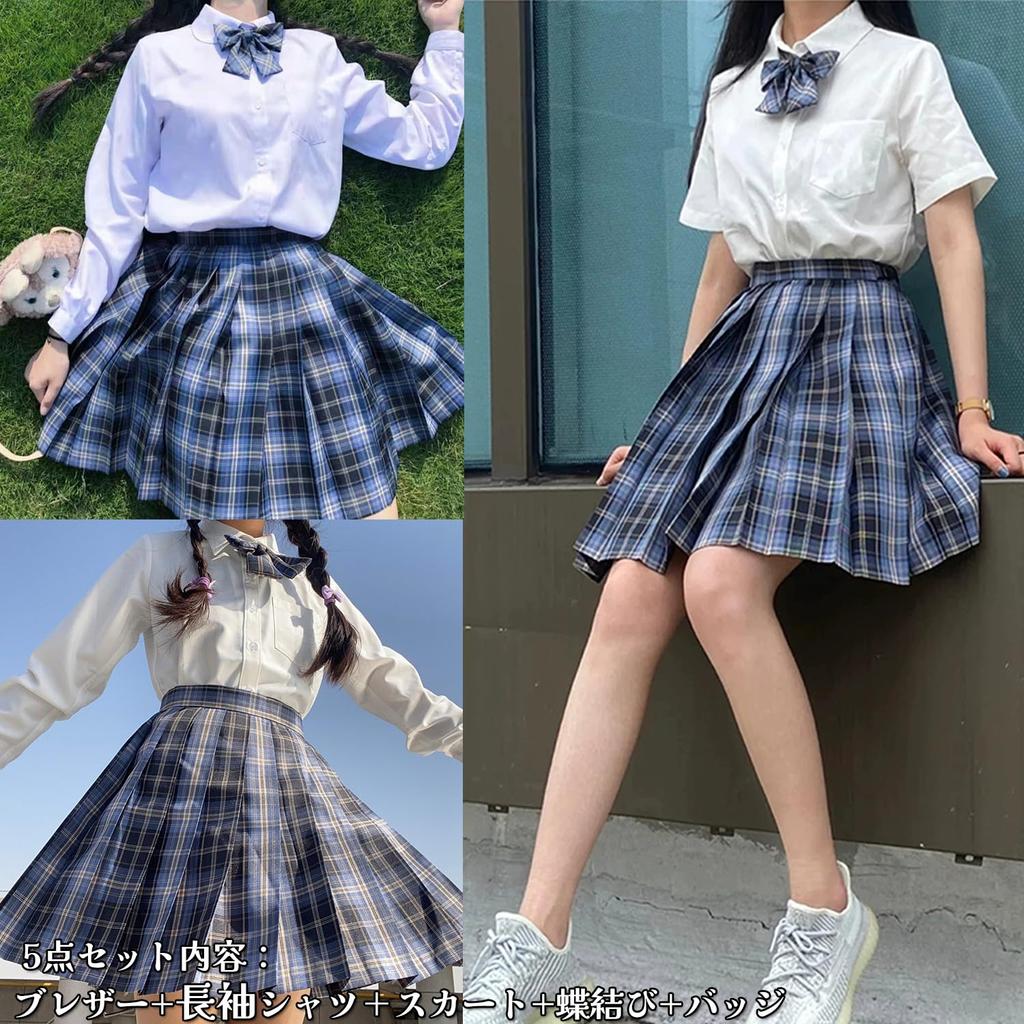 AOTYP High School Girl Uniform JK Cosplay Costume Ribbon Pleated Check Perfect for Mori School Size M Blazer, Uniform, 5-Piece Set, Shirt, Skirt,