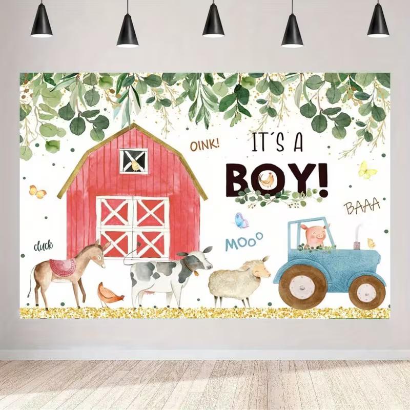 2D Red Barn Farm Backdrop It's A Boy Baby Shower Photography Background