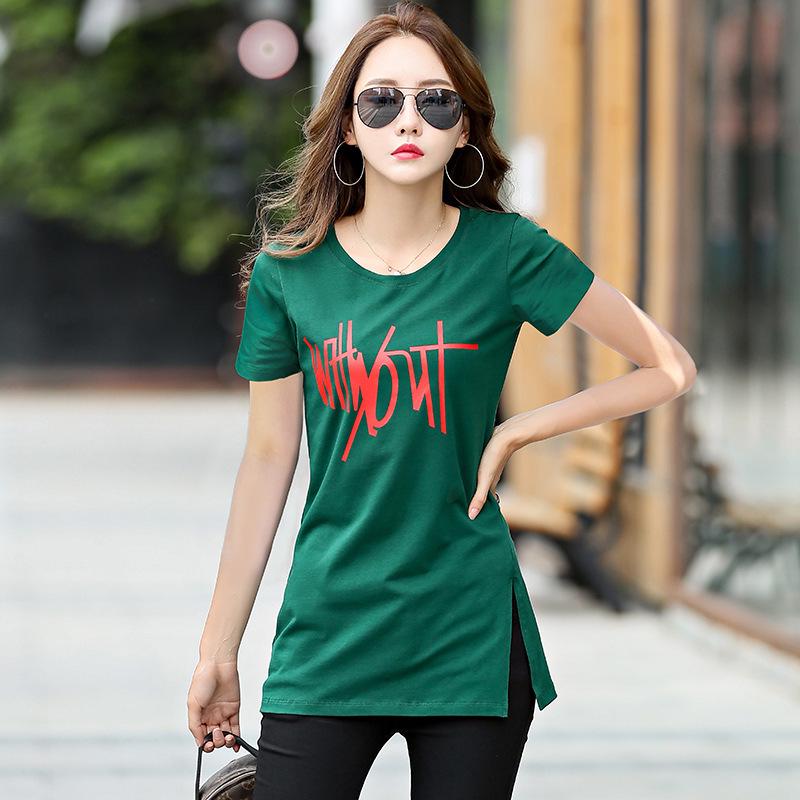 Women's Mid-Length Loose Letter T-Shirt, Korean Style Summer Casual Half-Sleeve White Top