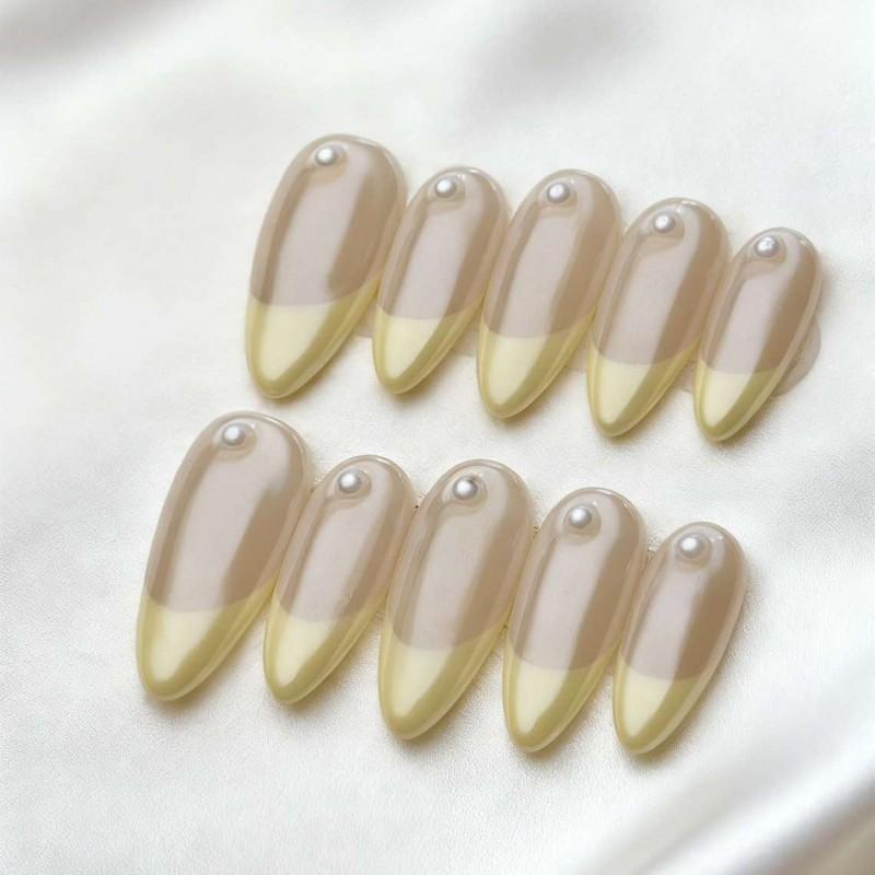 Reusable Handmade Press-On Nails With French Tip 3D Floral Carving Hand-Painted Design Women