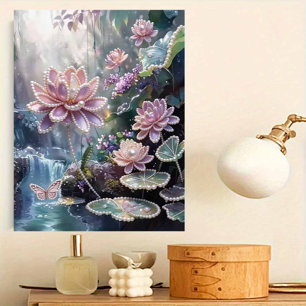 DIY 5D Lotus Pearl Art Kit No Frame Pearl Diamond Painting for Adults 30x40cm Floral Gem Art for Home Wall Decoration & Craft Gift