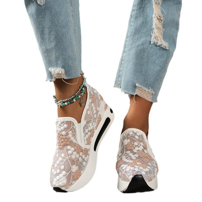 Spring Korean version of the new lace mesh 2025 casual foot cover high heel inner height increase muffin sole women's single shoes
