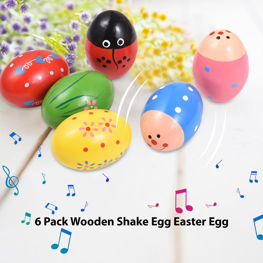 6 Pack Wooden Shake Egg Easter Egg Percussion Instrument Interesting Music Shake Eggs for Party Easter Gift Musical Egg