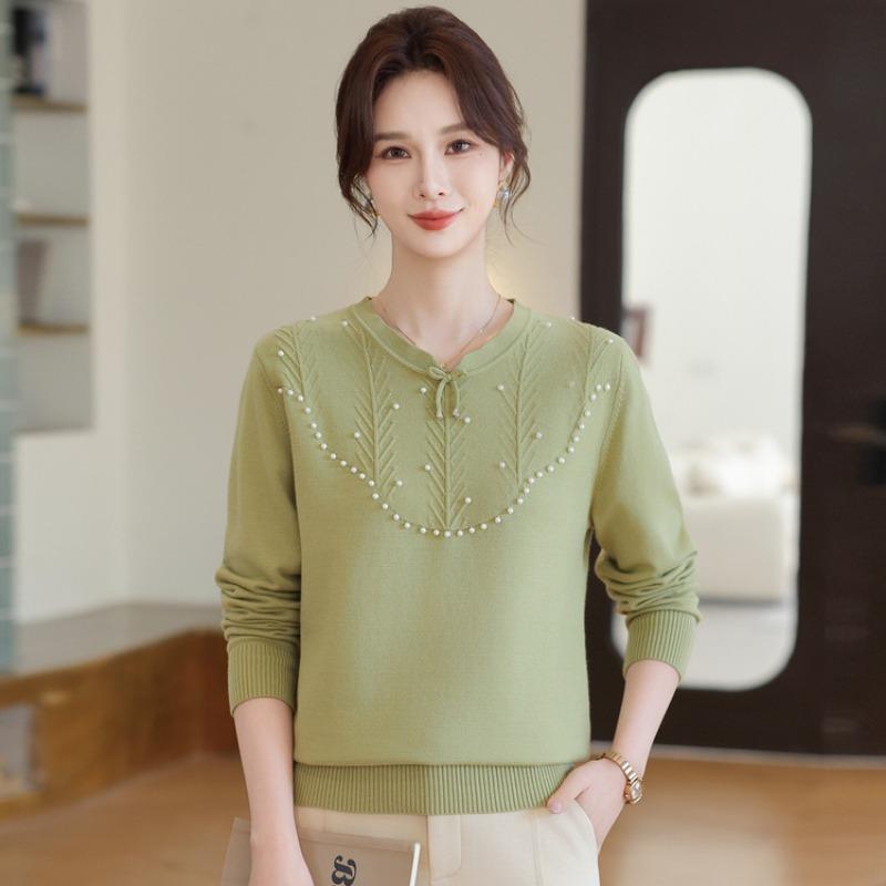 Spring and Autumn New Mom Fashion Knitted Sweater Medium and Old Women's Crew Neck Diamond Sweater Bottom Shirt