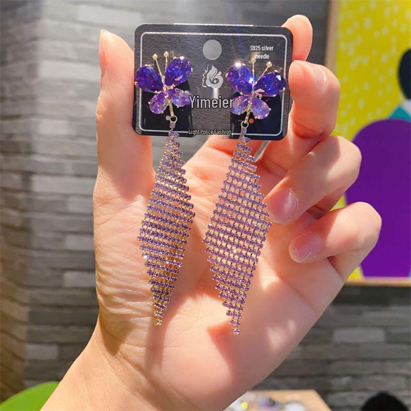 S925 Silver Needle Rhinestone Tassel Earrings - Exquisite Long Claw Chain with Colored Diamonds, European & American Style