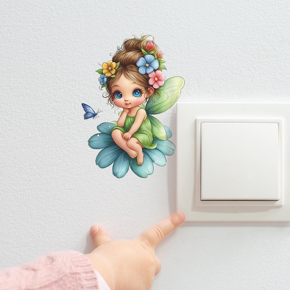 Cartoon Niedlicher Elf Blume Schmetterling Kinderzimmer Wandschalter Dekorative Aufkleber