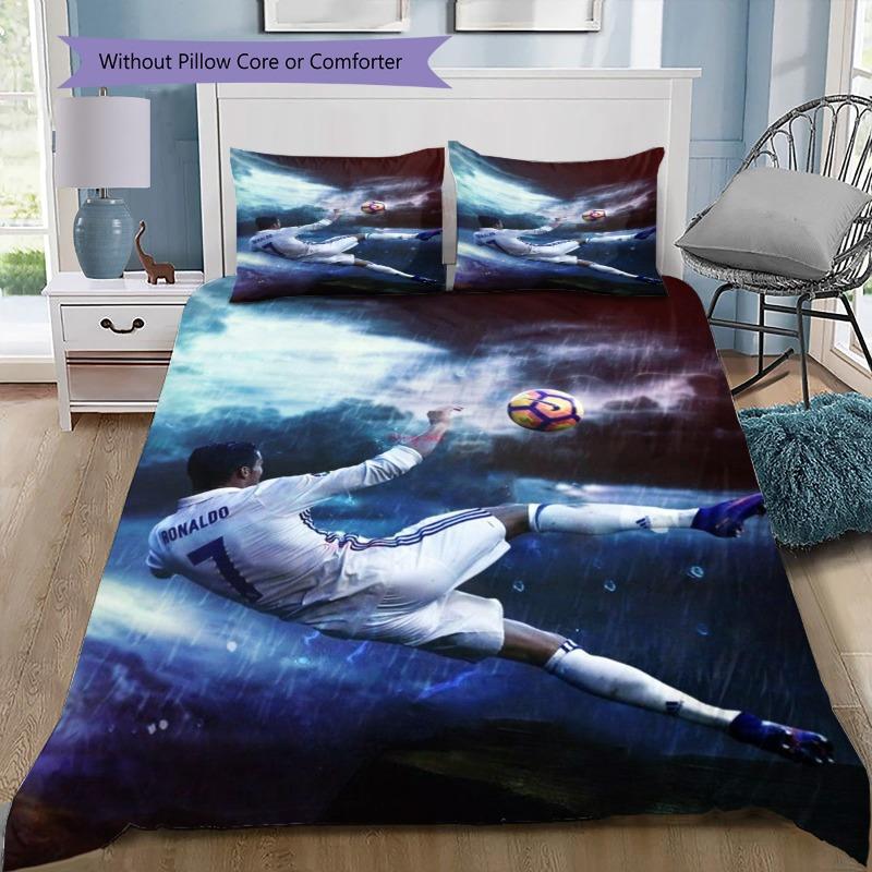 Rainy Night Bicycle Kick Football Player Print Duvet Cover Set, 3Pcs Sports Bedding Set with 2 Pillowcases for Bedroom Decor