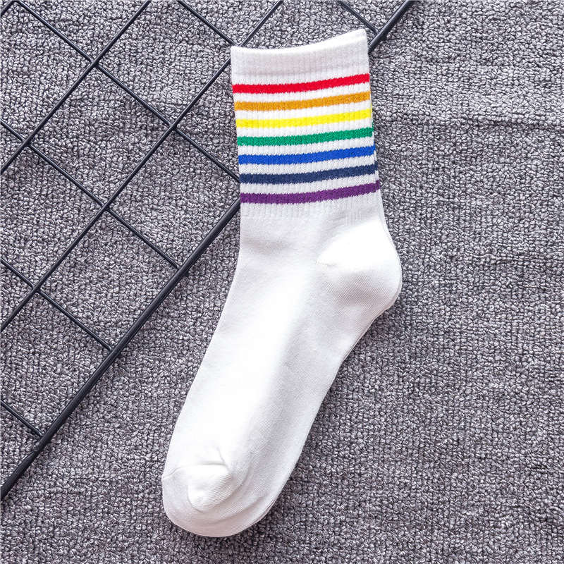 Women's Harajuku Rainbow Stripes White Black Cotton Socks Fashion Christmas Casual Tide Streetwear Dropship