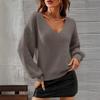Womens V-Neck Knit Sweater Long Sleeve Loose Fit Solid Color Casual Pullover Office Daily Wear