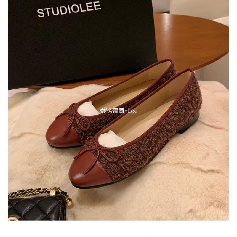 

Fog City Lovers~ Classic pointed round head bow velvet tweed light mouth single shoes 40