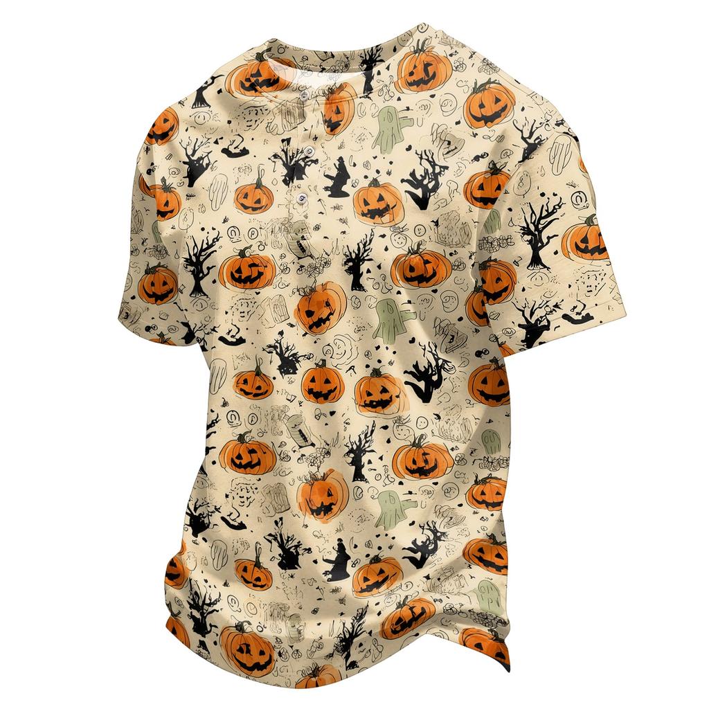 Men's Halloween Printed Crew Neck Short Sleeve Shirt Casual Loose Fit Top with and Pumpkin Pattern for Holiday