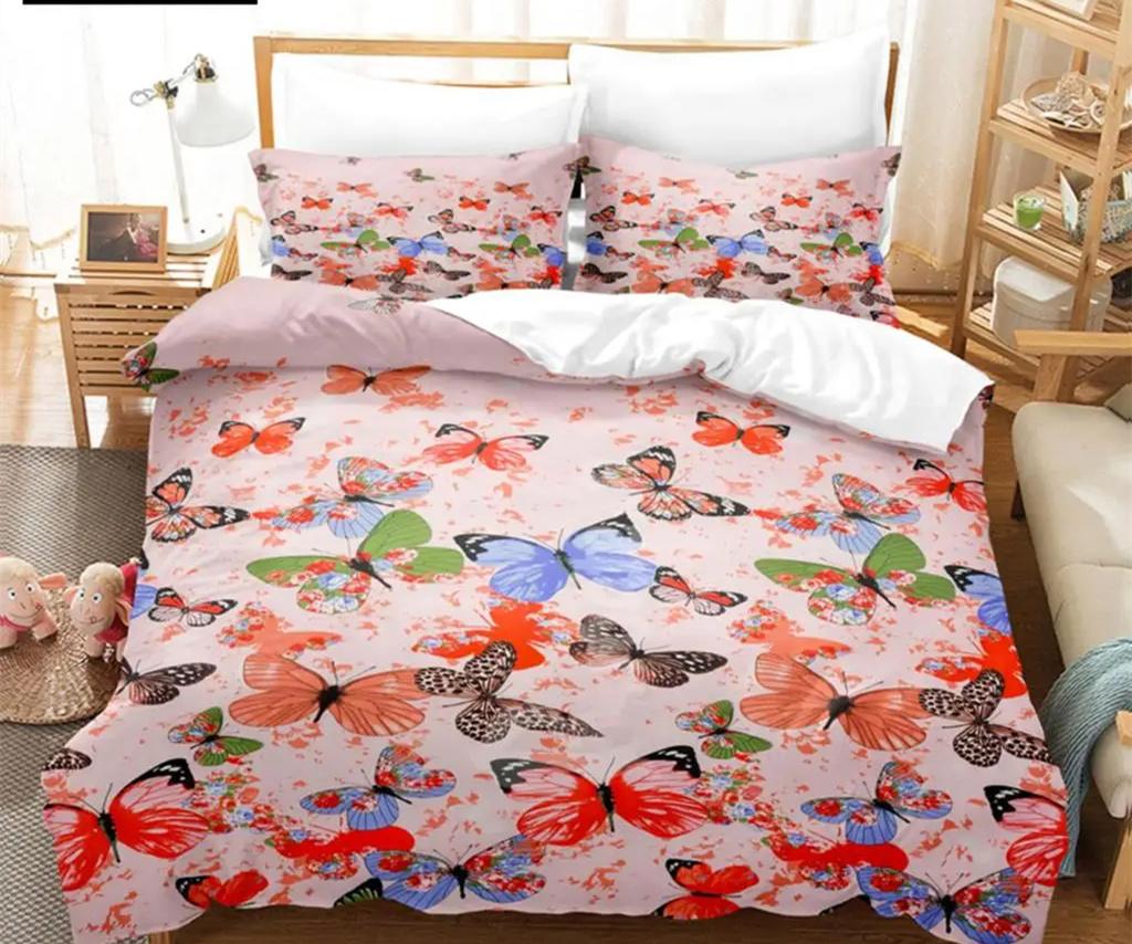 Blue Butterfly Duvet Cover Set King Queen Twin Size Double Bed Single 3D Queen Bedding Sets Pink Quilt Cover with 2 Pillowcases