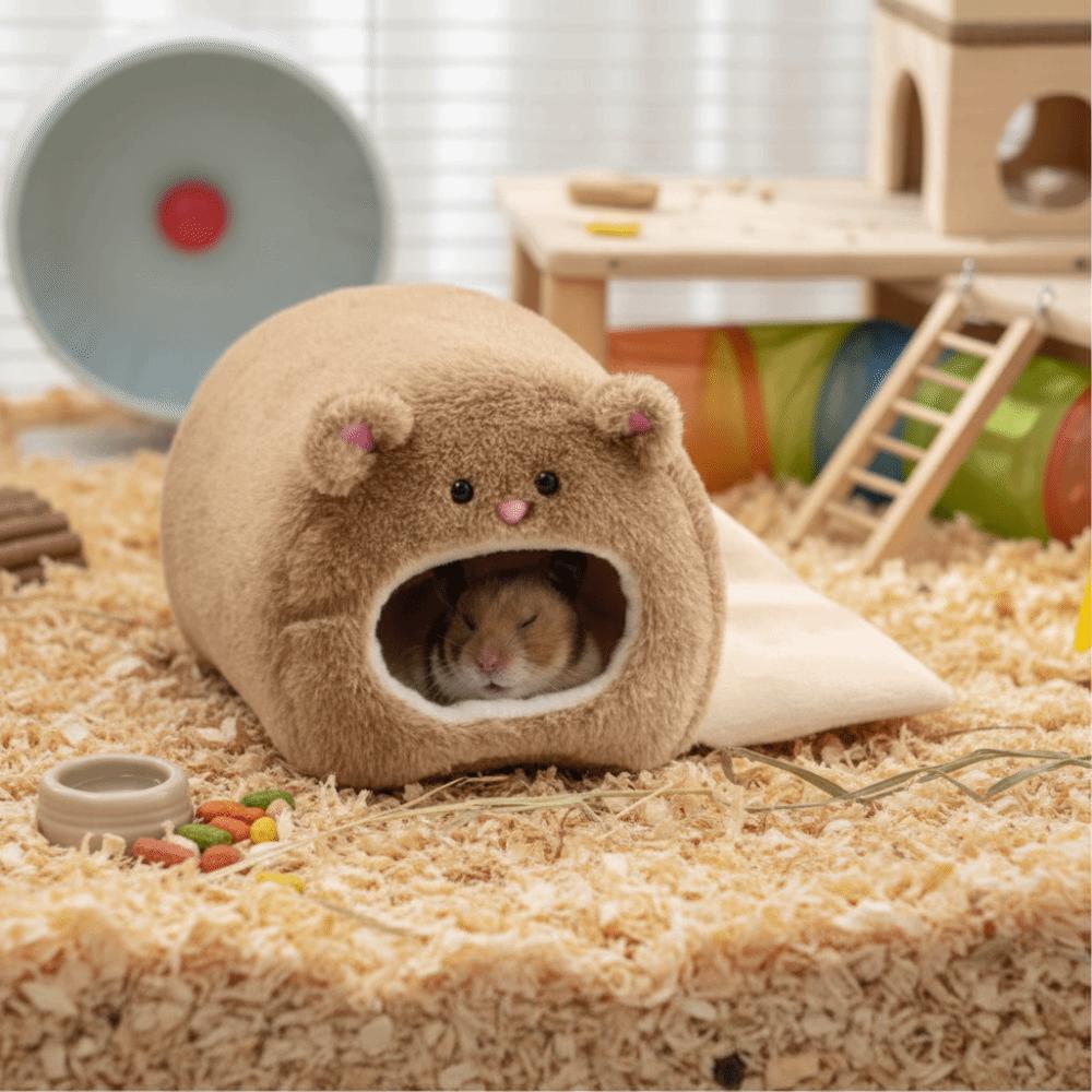 Cartoon Bear Shape Hamster Warm Bed Fleece Cute Hamster Cage Bed Cozy with Mat Pet Sleep Nest Small Pet
