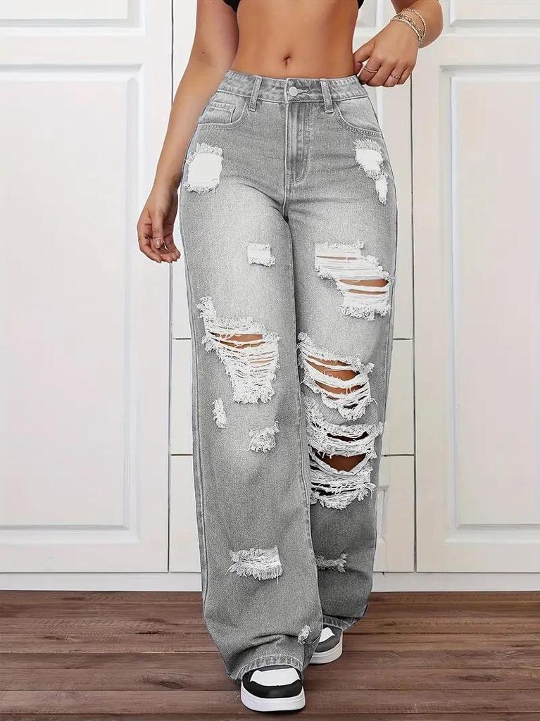 2026 European Trend Ripped Straight-Leg Denim Jeans for Women