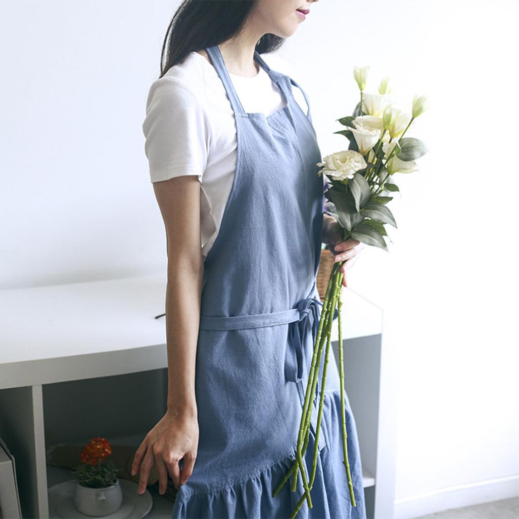Cotton Linen Apron for Women Plain Work Apron Pinafore Dress Adjustable Casual Apron for Cooking Gardening Coffee Shop