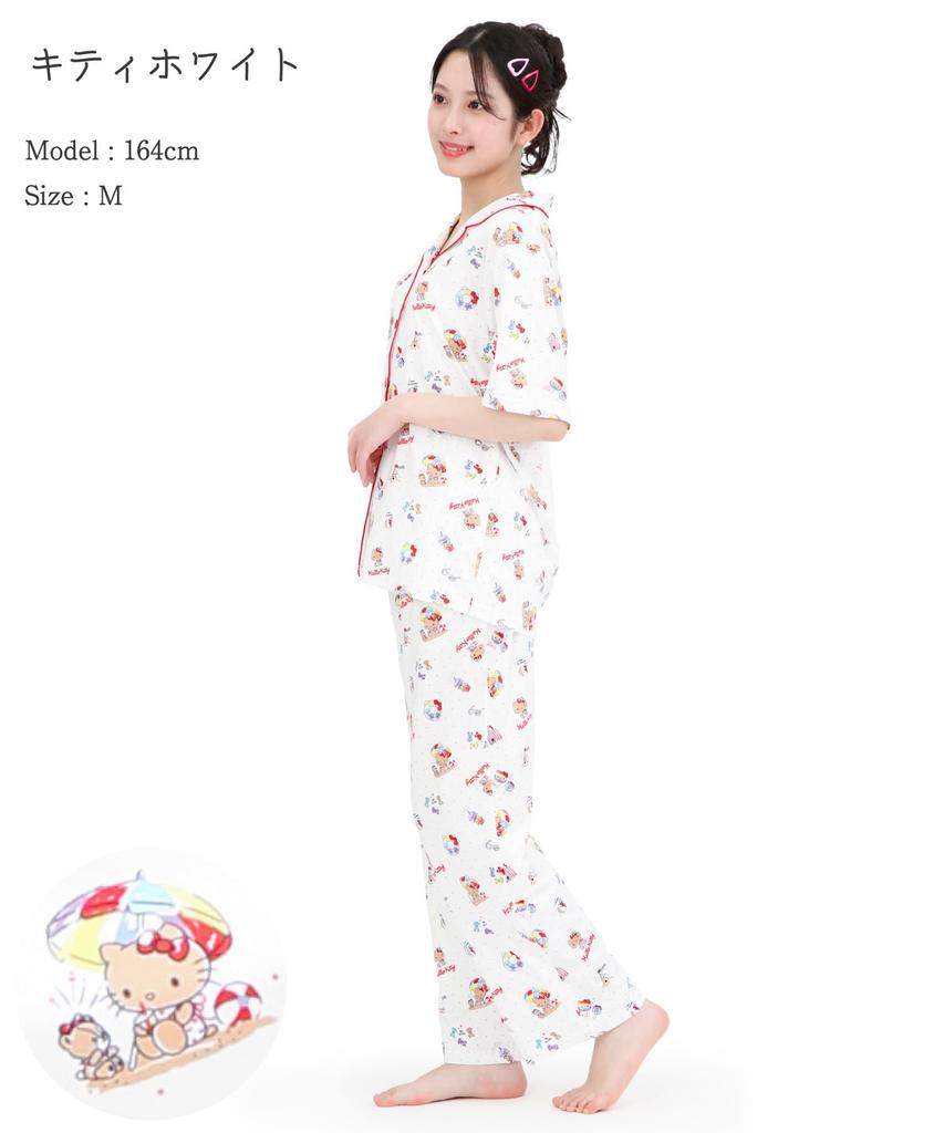 Peach Side Hello Kitty Shirt Short Long Top and Bottom Room Wear [SAZAC] Pajamas, 100% Cotton, Broadcloth, Women's, Sleeves, Pants, Set, Loungewear,