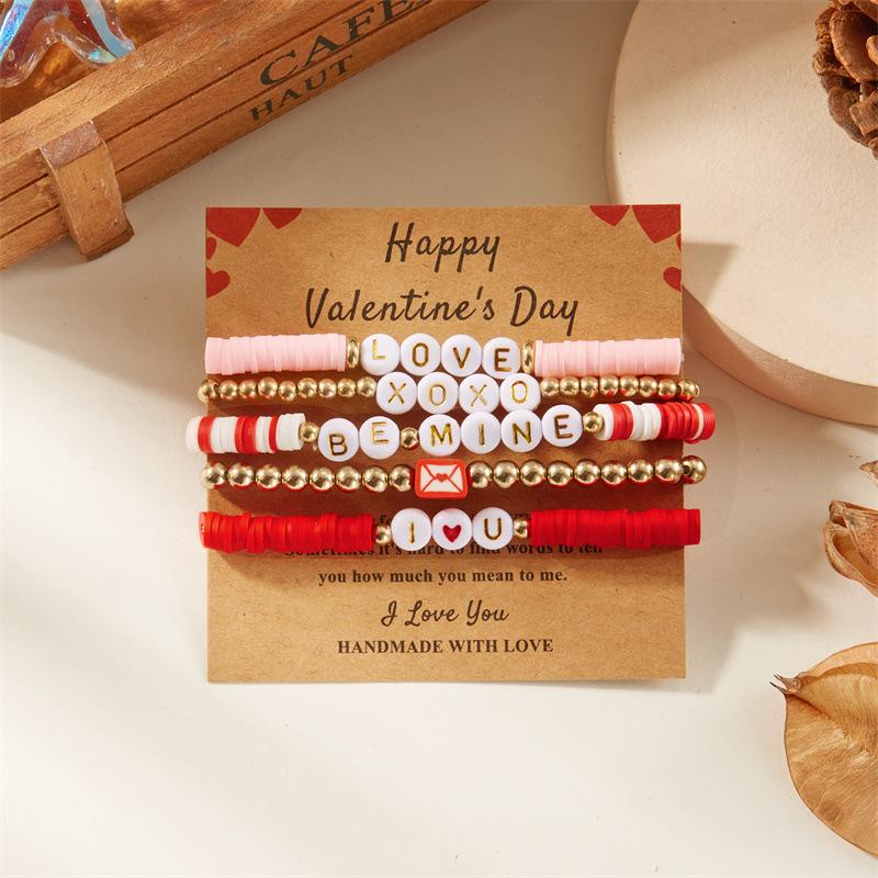 New “LOVE” Pink Heart-shaped Pendant Beaded Elastic Multi-layered Layered Bracelets for Women Girl Valentine's Day Gift Jewelry