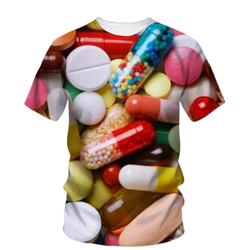Modne nowe, oryginalność Pill Graphic T-shirty dla mężczyzn Casual Artystyczny trend osobowości Zabawne drukowane koszulki z krótkim rękawem i okrągłym dekoltem