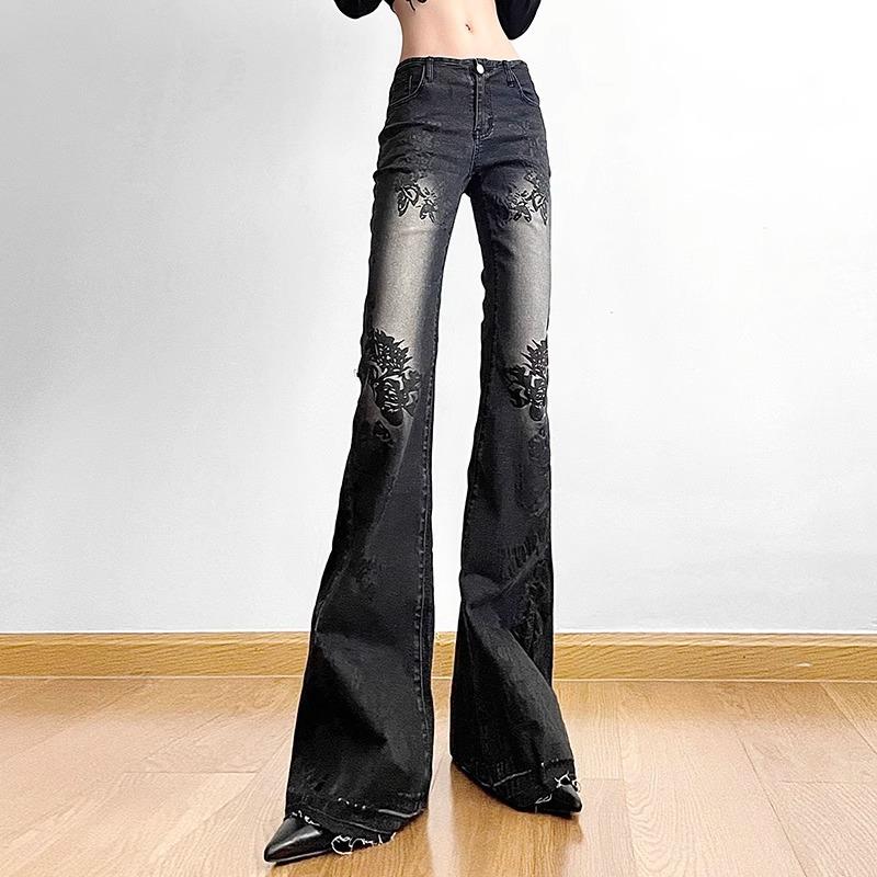 American Retro Plant Print Low Waist Flared Denim Jeans - Spring/Autumn Trend