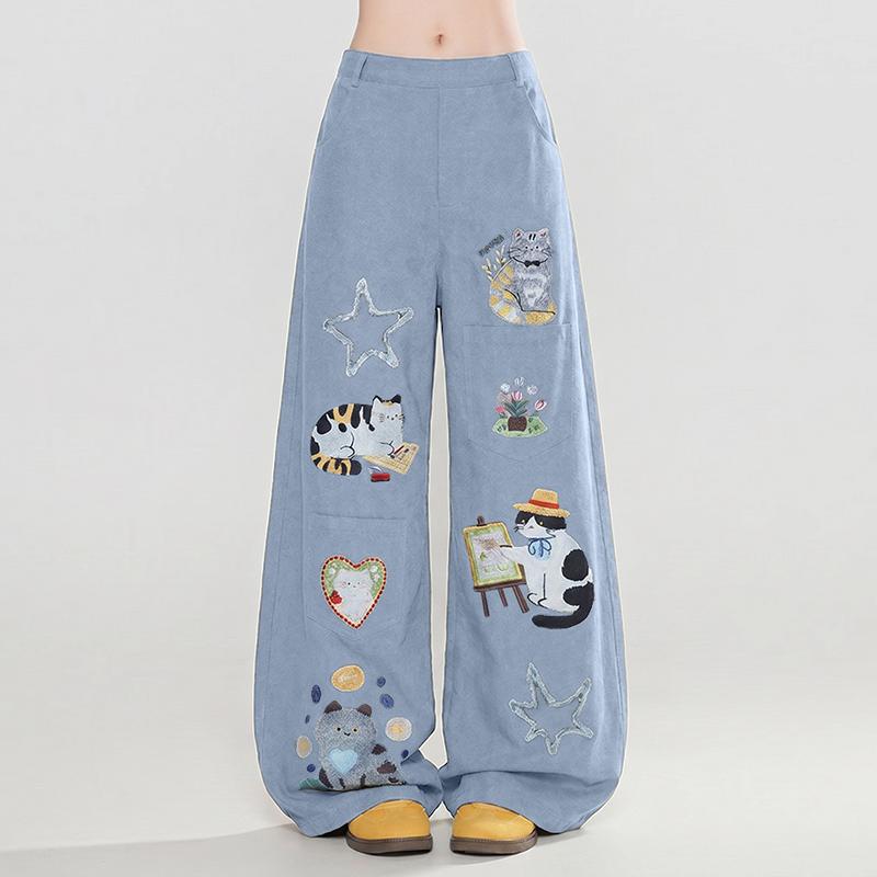 ZANZEA Womens Casual Cartoon Print Loose Long Pants S светло-синий