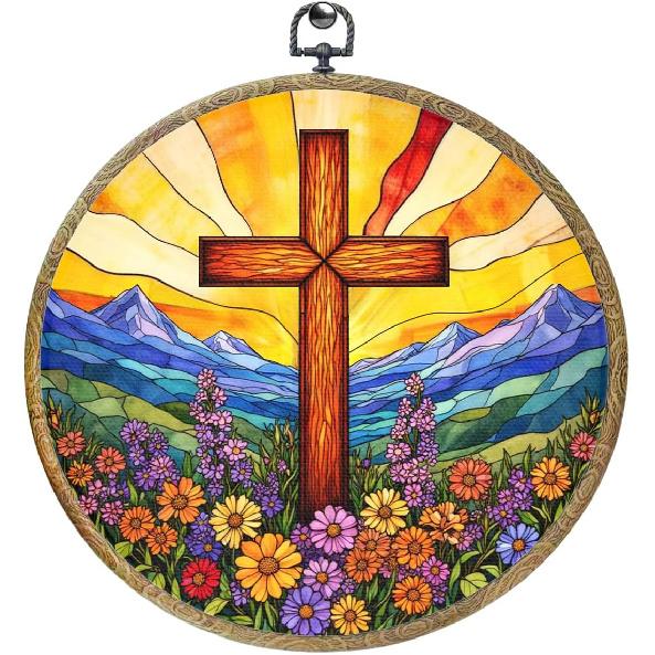 piratonal Wildflower Cross Faith Christian Gifts for Women Men Religious Gifts Framed Round Wall Decor Canvas Wall Art Hanging Prints Artwork for