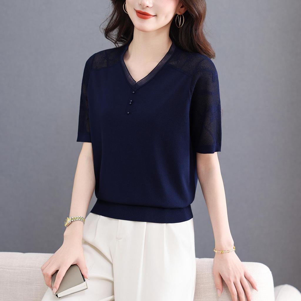 Women's Summer Ice Silk V-Neck Lace Knit T-shirt: Age-Defying, Tummy-Concealing Short Sleeve for Mid-Aged Moms 40s.