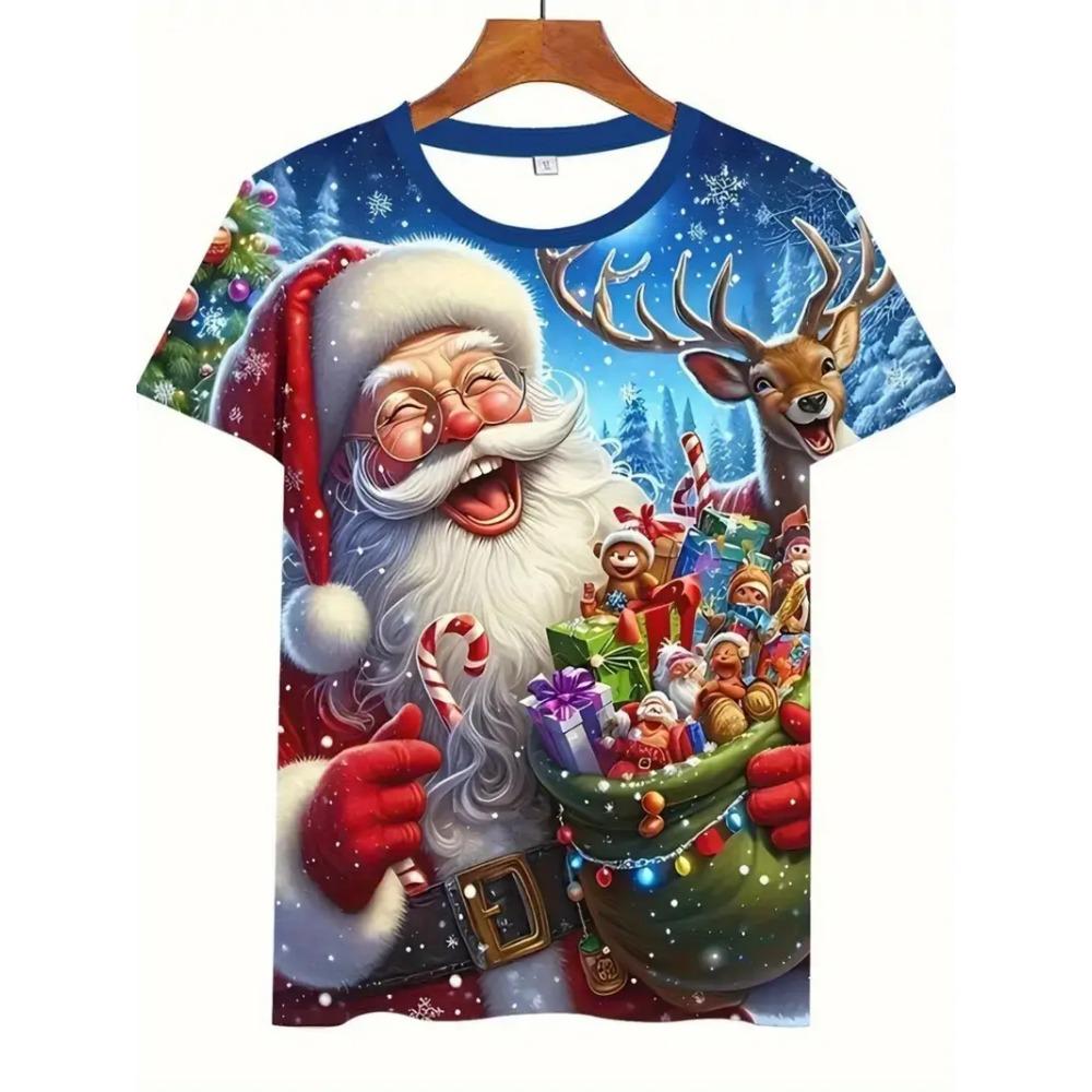New 3D Santa Claus Print T-Shirt, Street Style for Spring and Summer, Loose Short Sleeve, Breathable High-Quality Men's Top