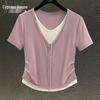 Sibaishe Damen Color-Block Faux Two-Piece V-Ausschnitt Kurzarm T-Shirt