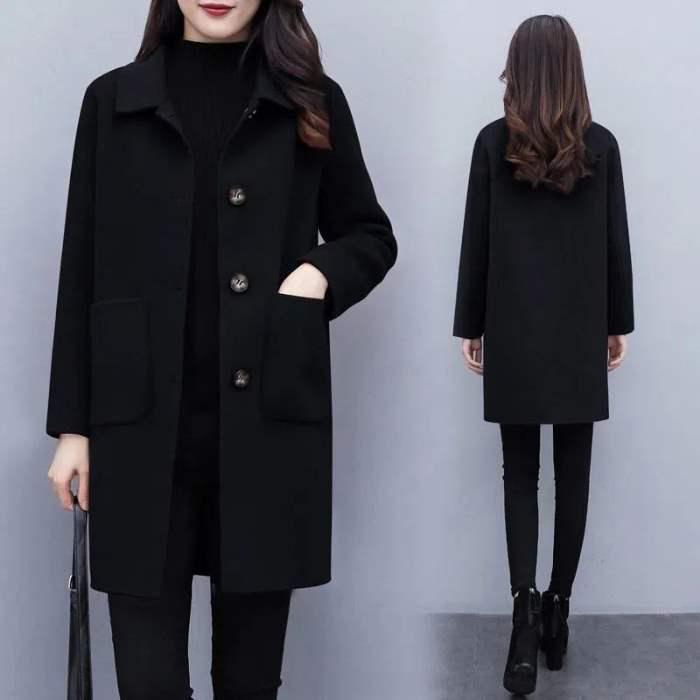 Women's Mid-length Wool Coat - 2025 Autumn/Winter Korean Style, Loose Fit, Plus Size, Slimming, Age-reducing.