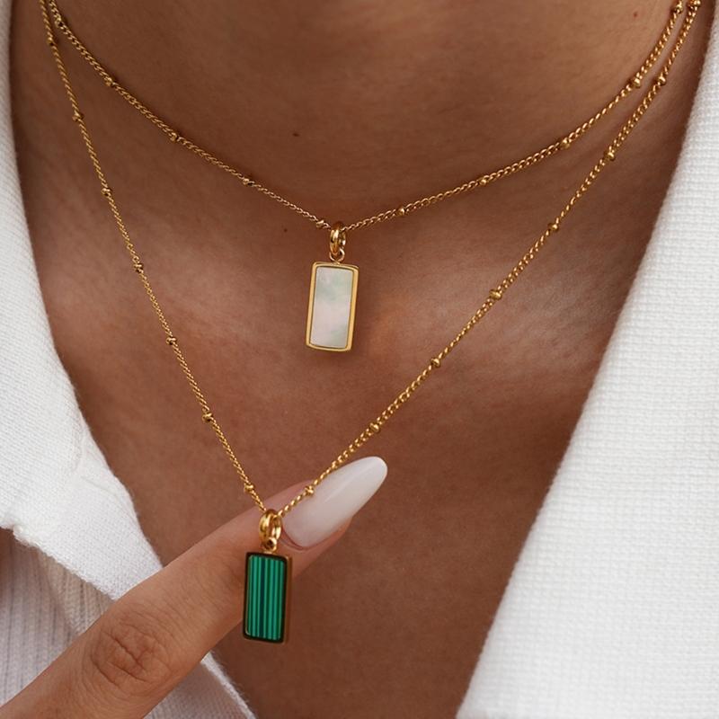 Women Simple Square Pendant Necklace with Removable Charm and Shell Inlay On Sturdy Stainless Steel Chain