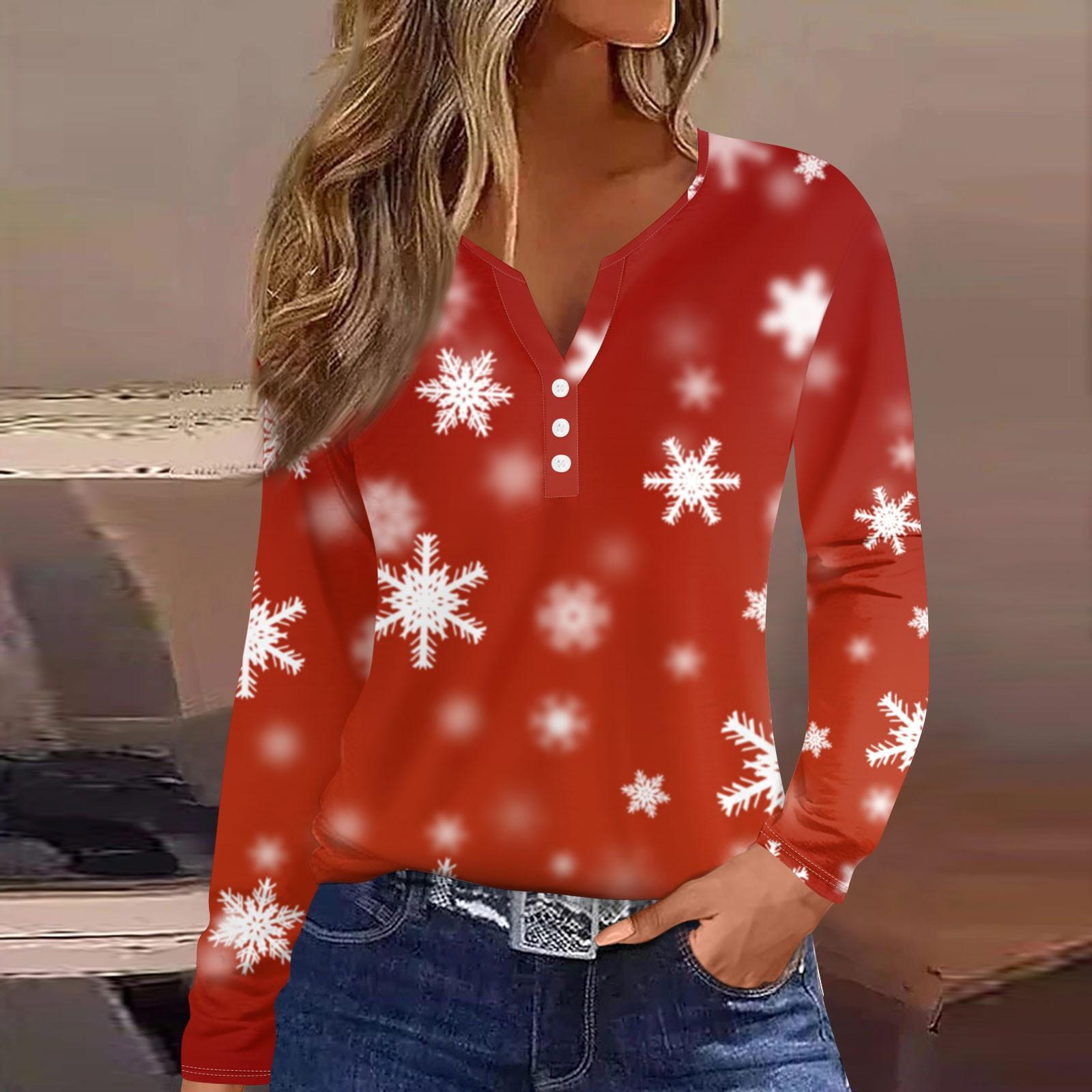 

Женская модная повседневная футболка с длинным рукавом и V-образным вырезом на рождественском принте на пуговицах L киноварь