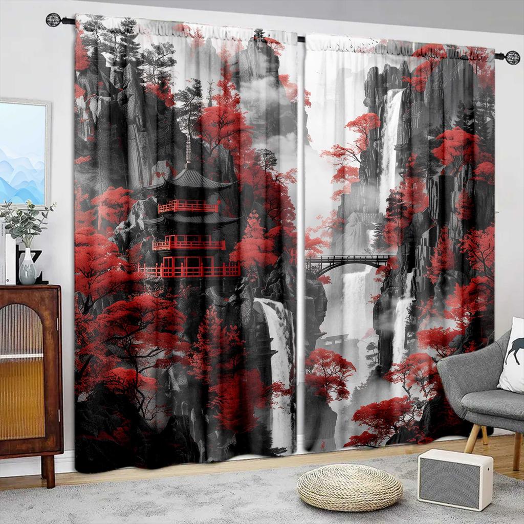 2pcs Black Landscape Painting Printed Curtain for Home Decor - Rod Pocket Window Treatment for Bedroom, Office, Kitchen