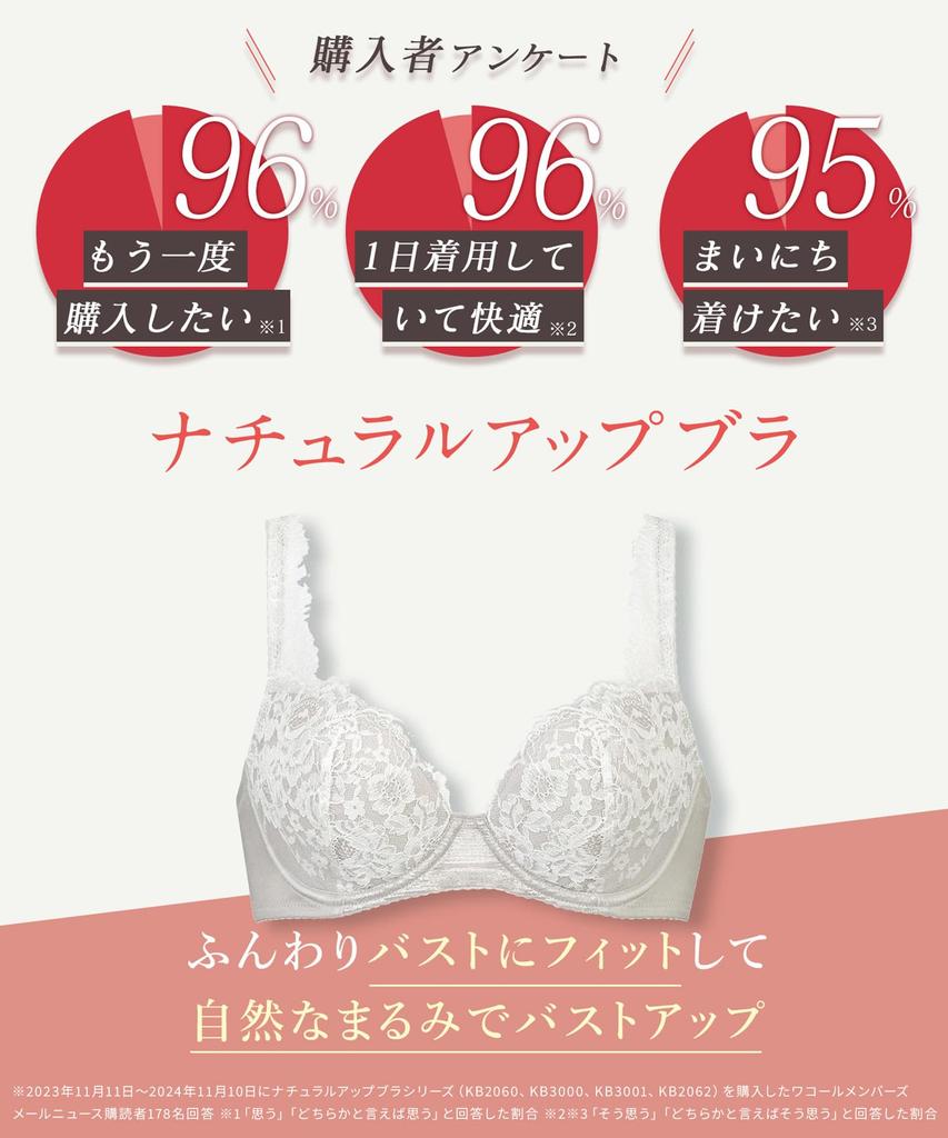 Natural Up with a Rounded Silhouette and a Soft Wing/Wacoal Bra, KB2062, Women's, GY, C75, Natural, Feel.