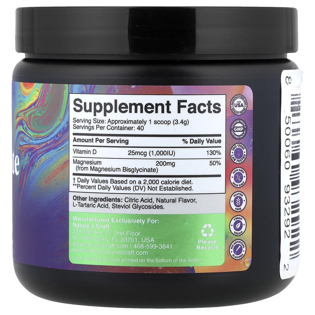Nature's Craft Glycine Magnesium Powder with Vitamin D3, Honey Lemon, 4.8 Oz (136 G)