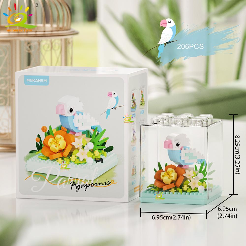 Non-Toxic Moc Parrot Bird Flower With Display Box Micro Building Block Mini Diamond Model Brick Toy For Children Desk Decor.