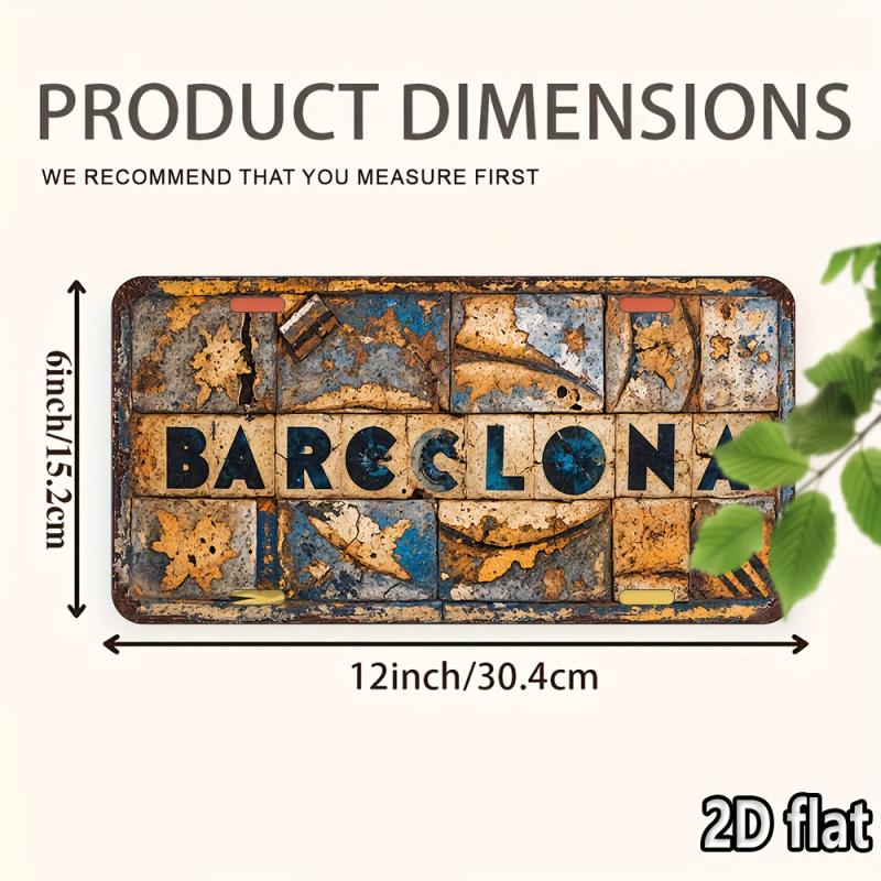 2D Piatto - Segno Artistico da Parete in Metallo Vintage Barcellona - Decorazione in Alluminio Rustico da 6x12 Pollici con Finitura Usurata per Casa, Bar, Ufficio