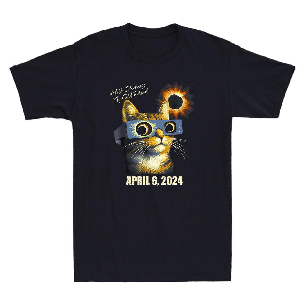 Hello Darkness My Old Friend Solar Eclipse April 08 2026 Funny Cat Meme T-shirt L