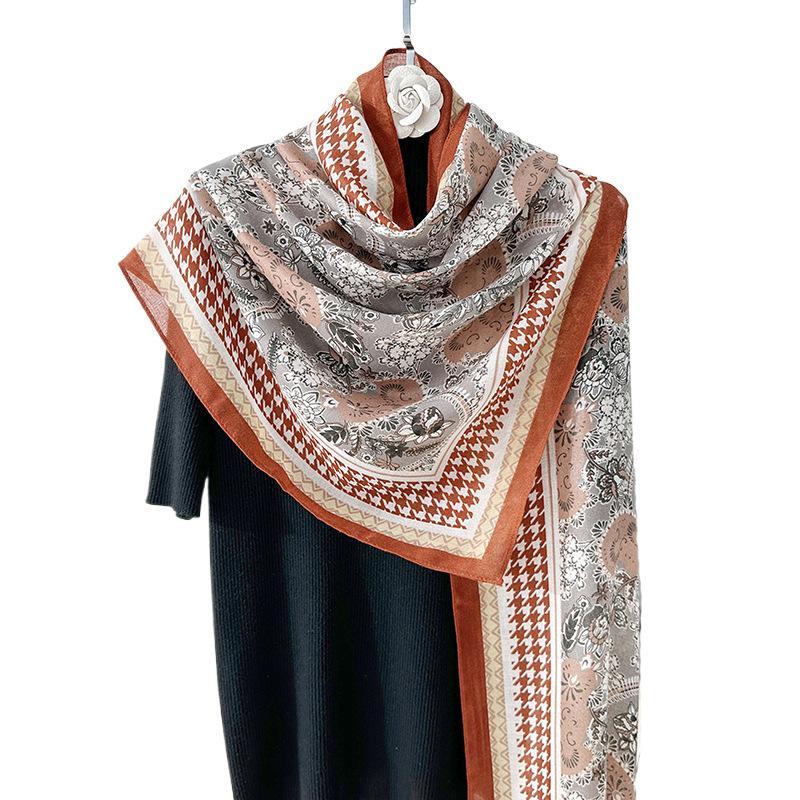 Women's retro cashew flower scarf personalized spring and autumn fashion thousand bird grid printing thin scarf tide