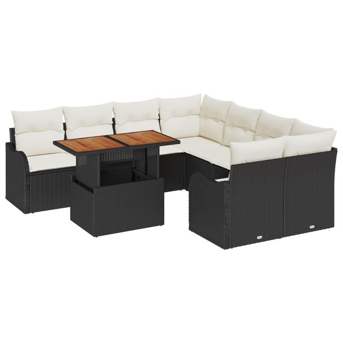 Set de canapé de jardin vidaXL de 9 pièces avec coussins en rotin poly noir, Canapé de jardin 2 places avec rangement et 3358175