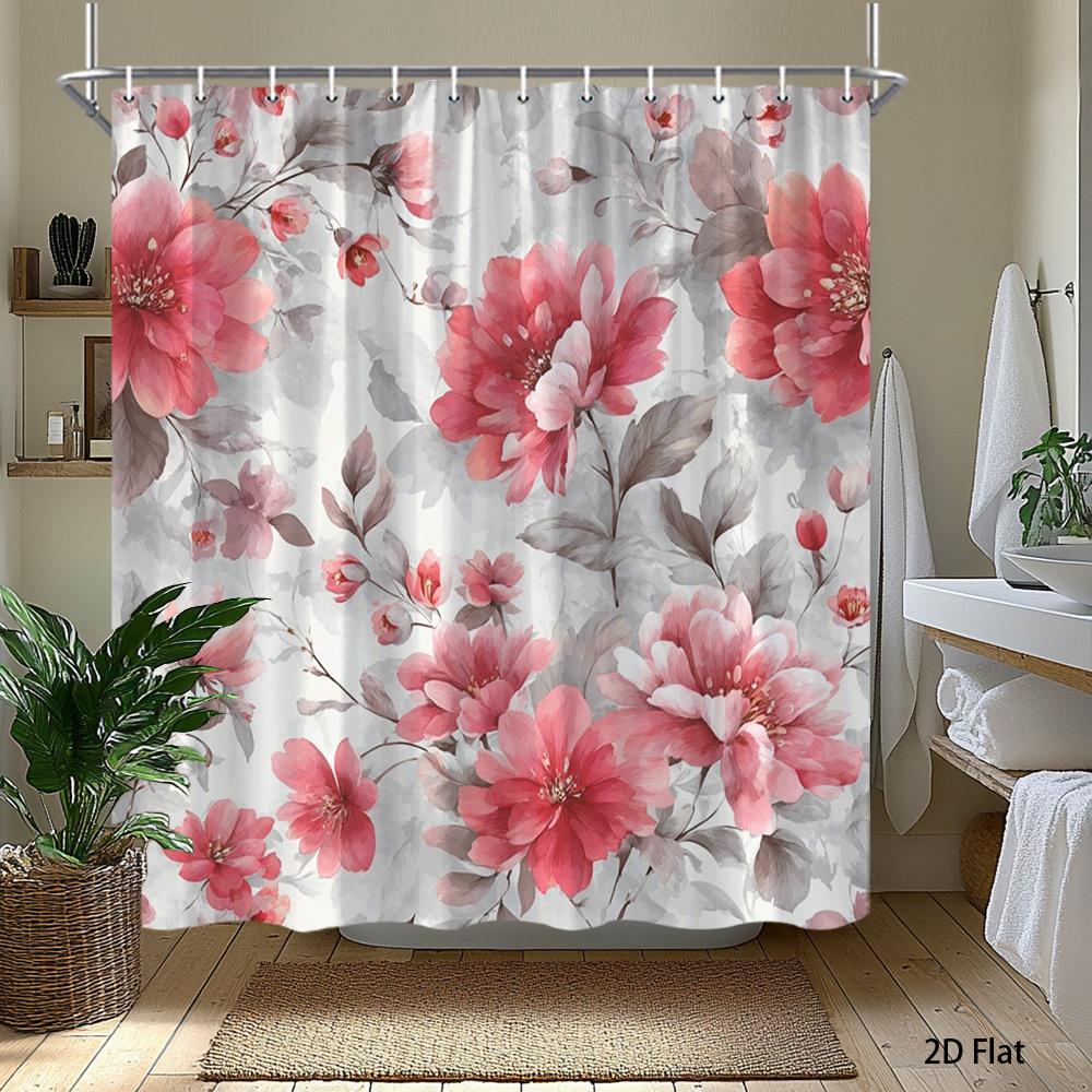 1pc Pink floral patterned shower curtain with hooks, made of polyester, machine washable, suitable for bathroom decor.