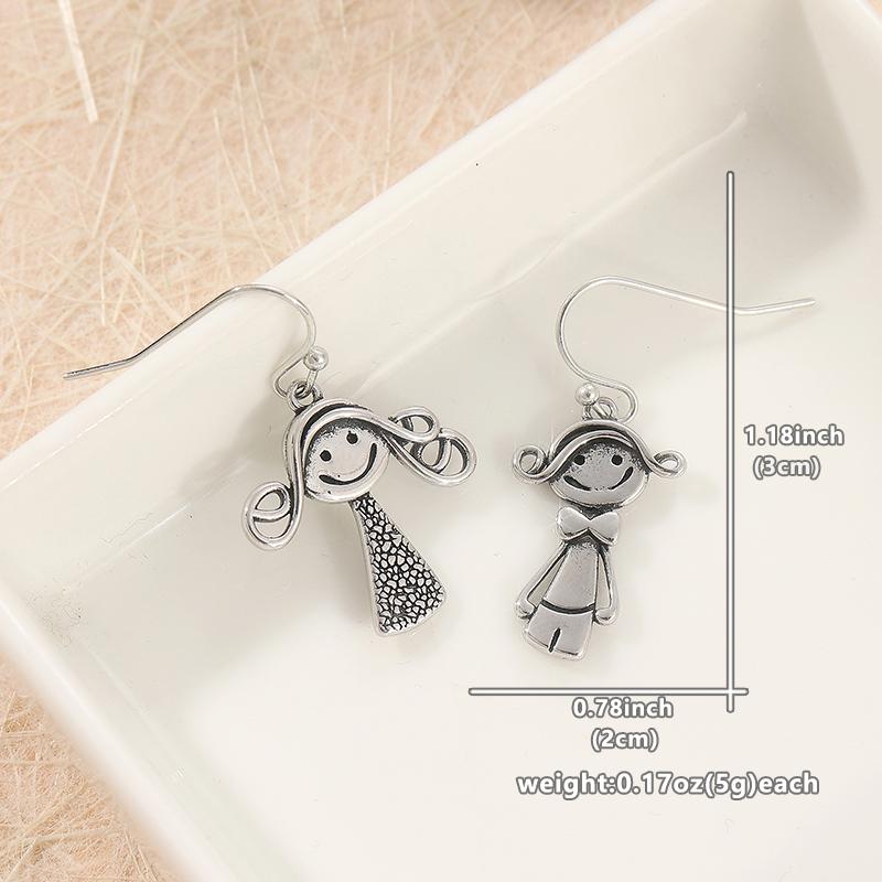 Vintage Silver Color Metal Carving Cute Small Couple Pattern Dangle Earrings for Women Jewelry