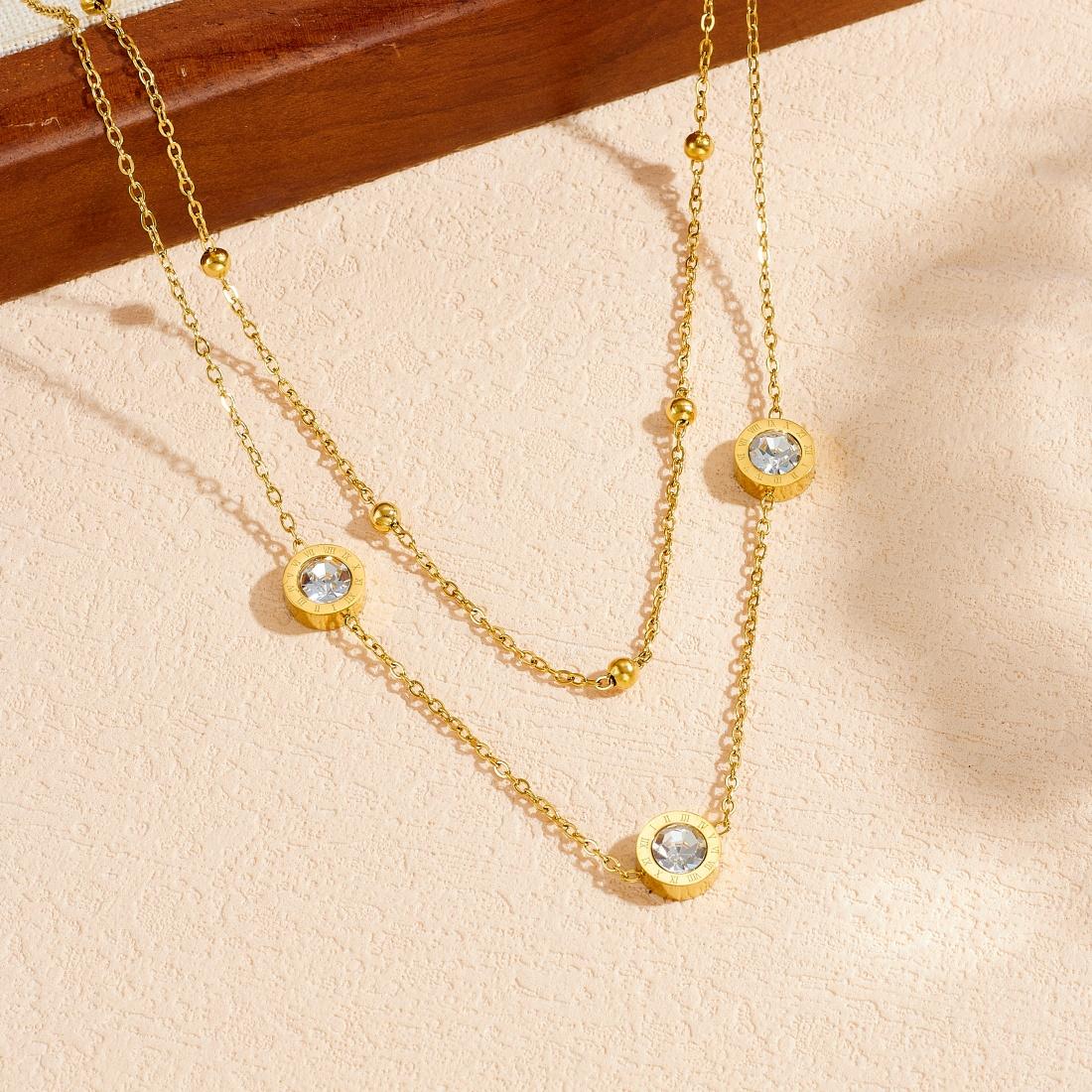 White Zircon Inlay Round Roman Numerals Pendant Necklace Lady 316L Stainless Steel 18k Gold Plated Waterproof Jewelry