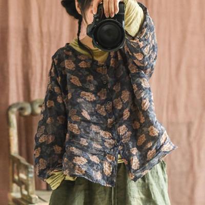 Γυναικεία πουκάμισα vintage λουλουδάτο μπλουζάκια Ramie υψηλής ποιότητας μπλούζες με μακρύ μανίκι με λαιμόκοψη casual πουκάμισα