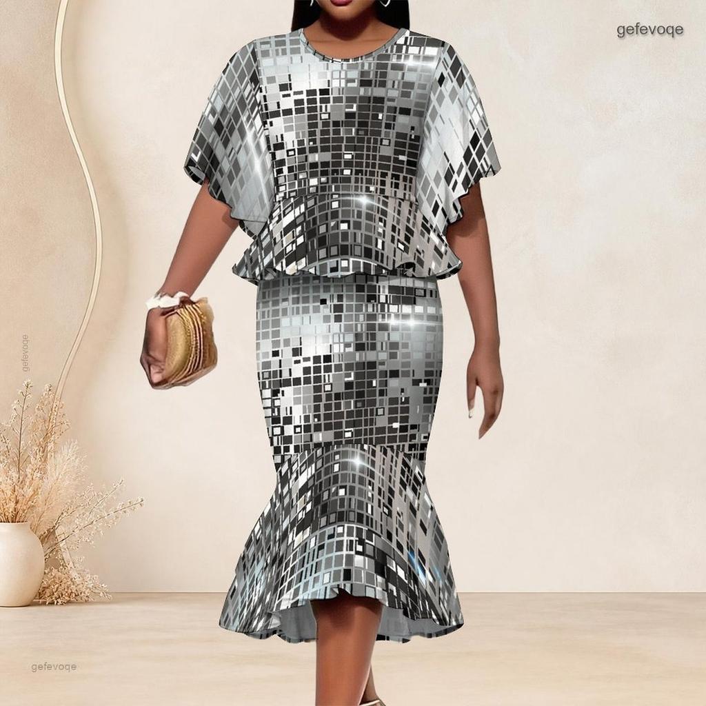 Women Plus Size Two Piece Set Round Neck Batwing Sleeve Printed Ruffle Hem Top Fishtail Skirt Silver Black