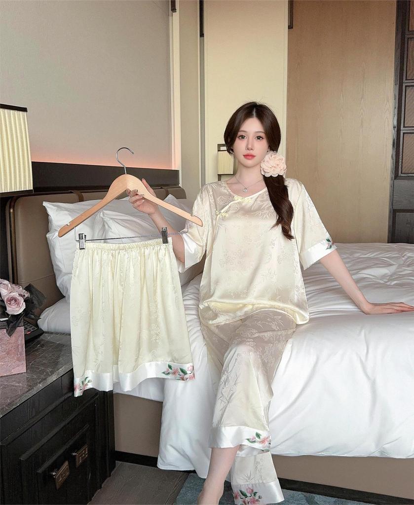 New ice silk pajamas women's summer Chinese antique rose suit loungewear imitation silk satin jacquard can be worn outside
